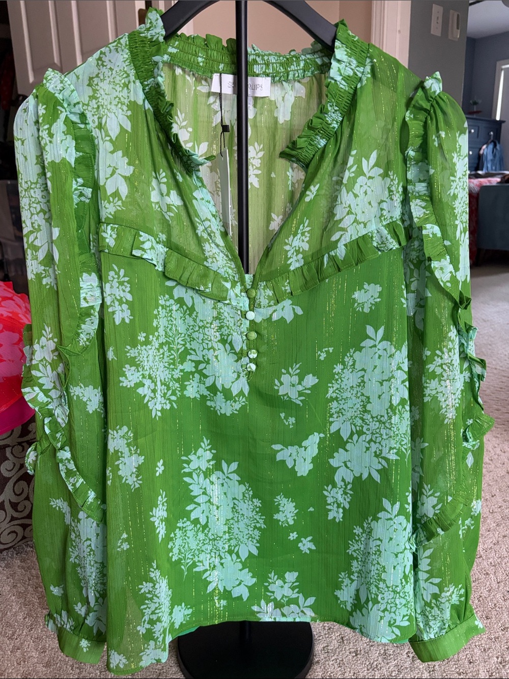 Sugarlips Green Floral Ruffle V-Neck Blouse